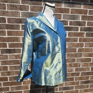 Eileen Fisher Silk Shimmer Jacket Blouse Blue Green Iridescent Size S
